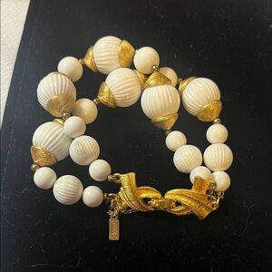 Vintage Monet Gold Tone and White Beaded Bracelet fold over clasp